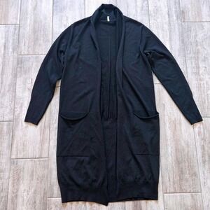 Annette Gortz Cardigan Women Size S Black Merino Wool Duster Open Front Pockets